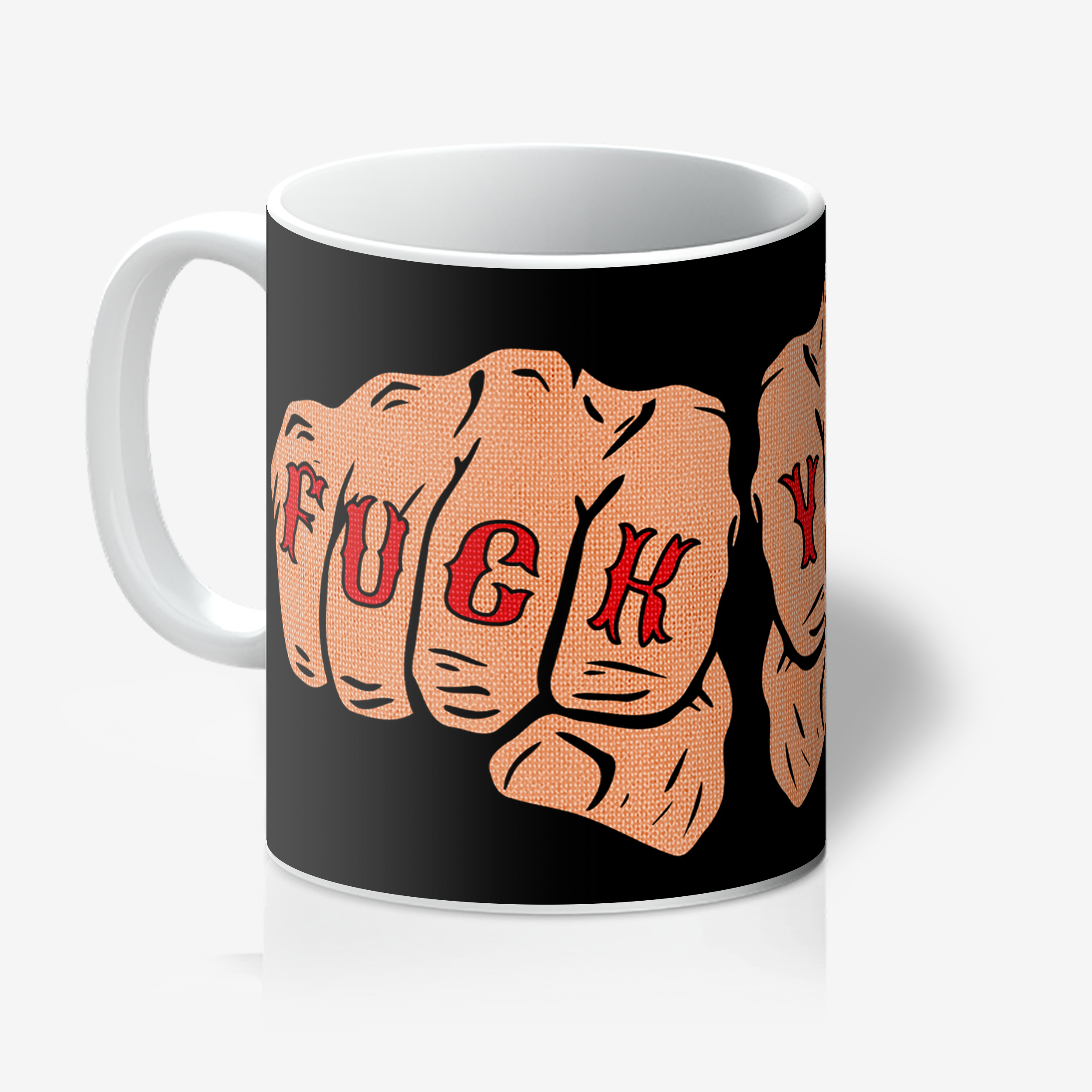 Mug with a graphic of a fist with red letters on a black background